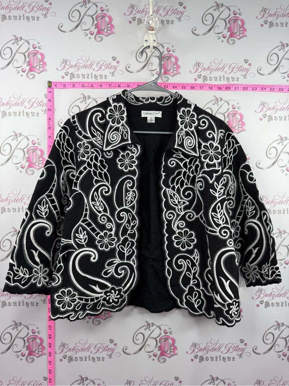 Coldwater Creek jacket blazer Black Jacket with White Floral Embroidery